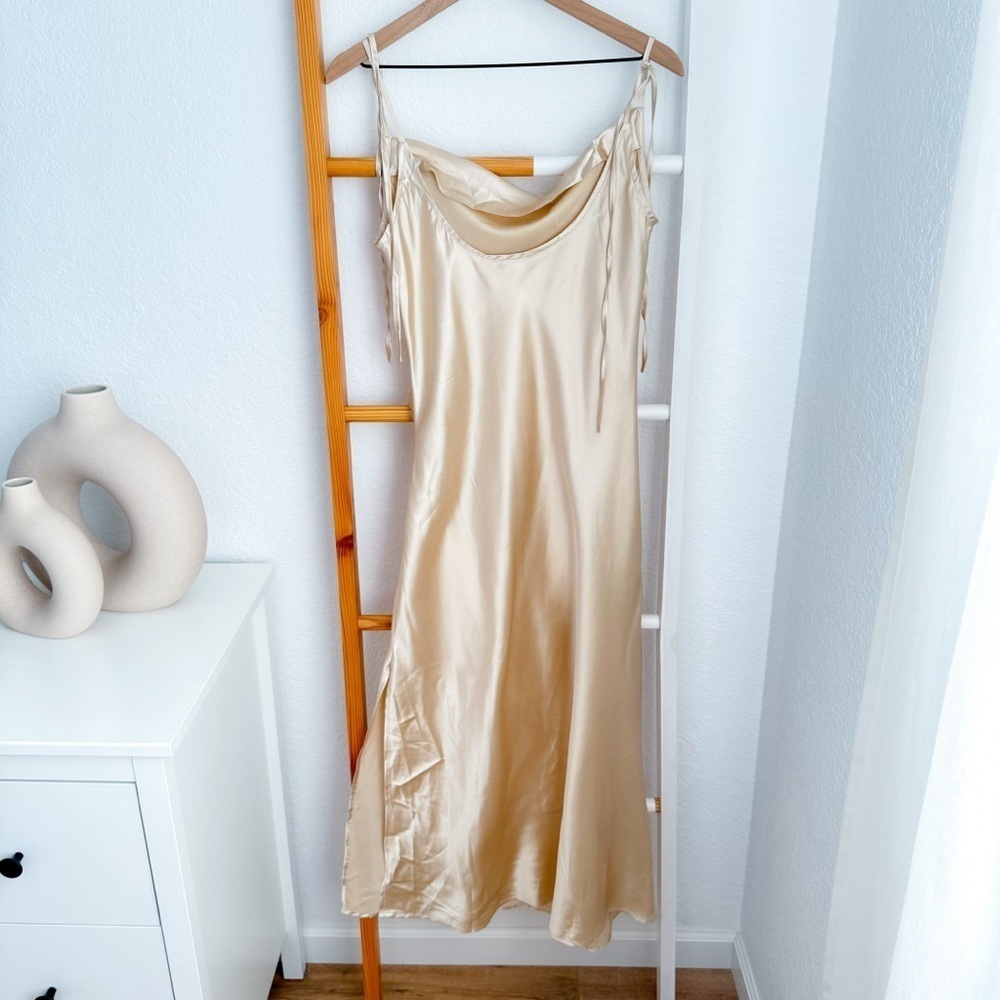 Topsix Bridesmaids Midi Slit Dress Silky Satin Gold Side Slit Cowl Neck - Picture 4 of 14